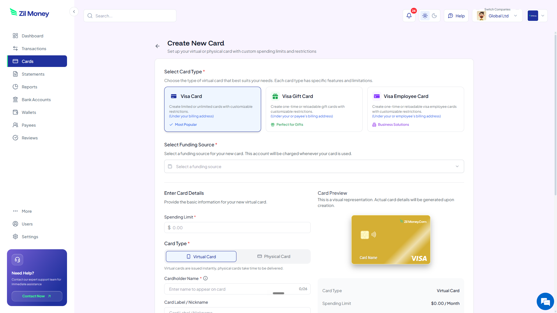Create New Card form in Virtual Card Maker, with options to pick a Visa card type, set a spending limit, and choose between virtual or physical card