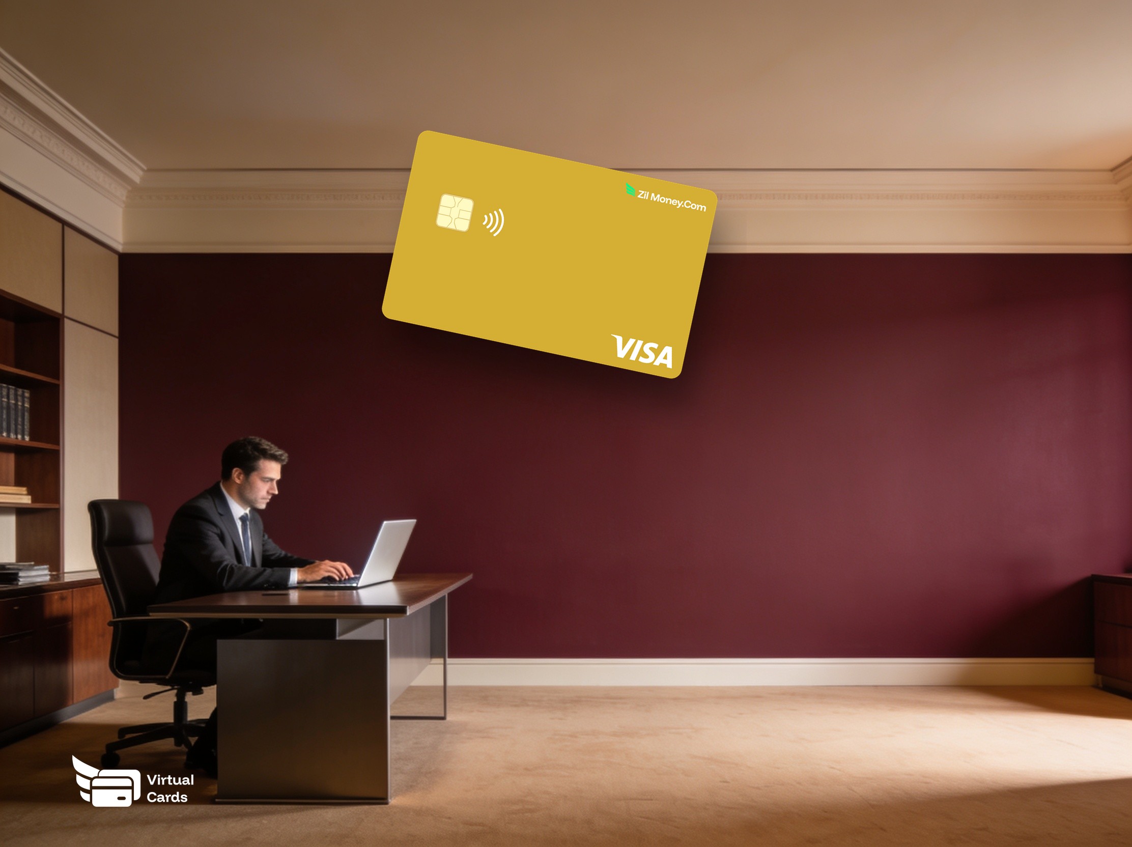 An accountant at a laptop with a gold Zil Money virtual Visa card, representing virtual cards for accountants and bookkeepers.
