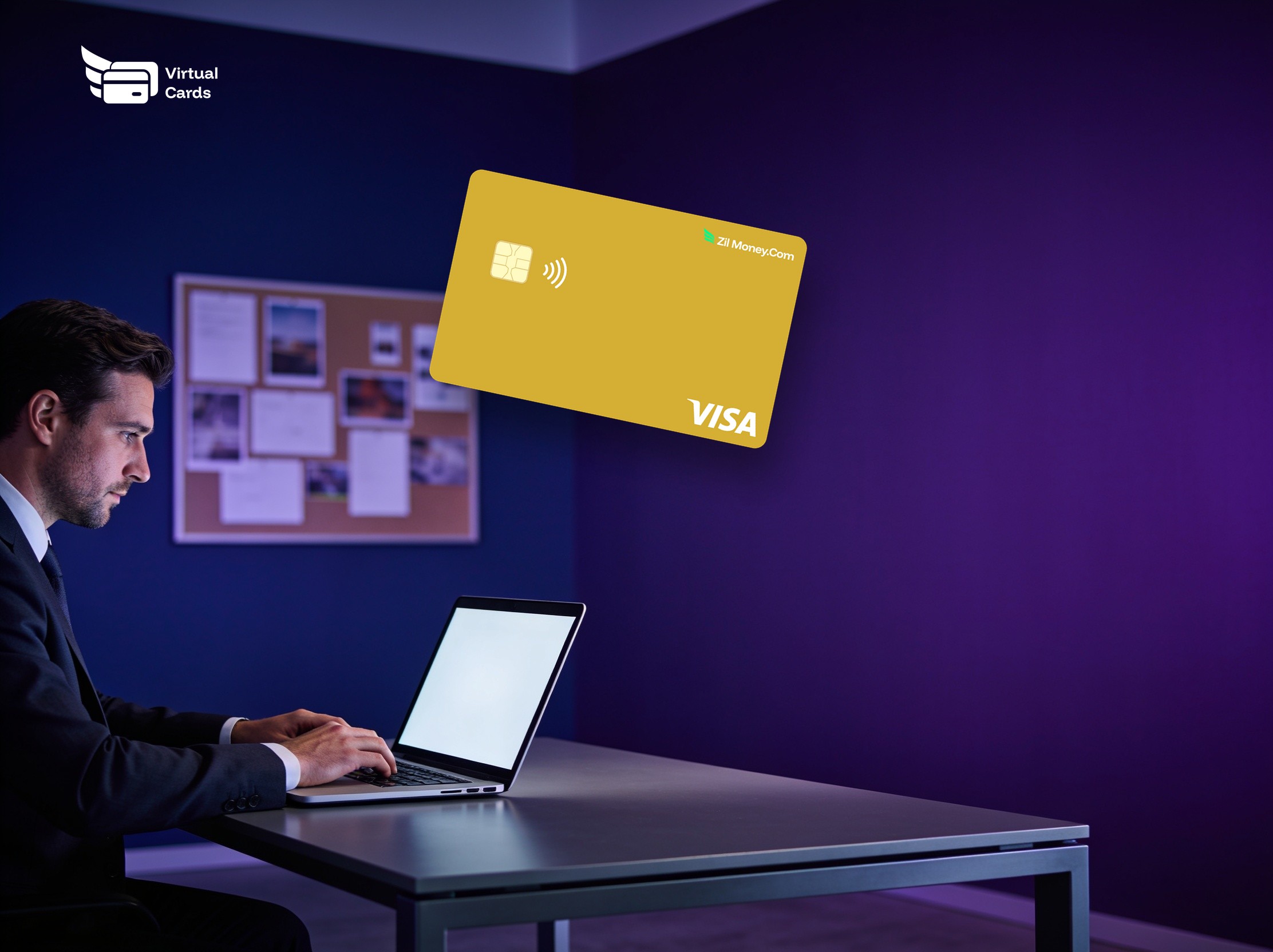 An agency professional at a laptop with a gold Zil Money virtual Visa card, representing virtual cards for agencies.