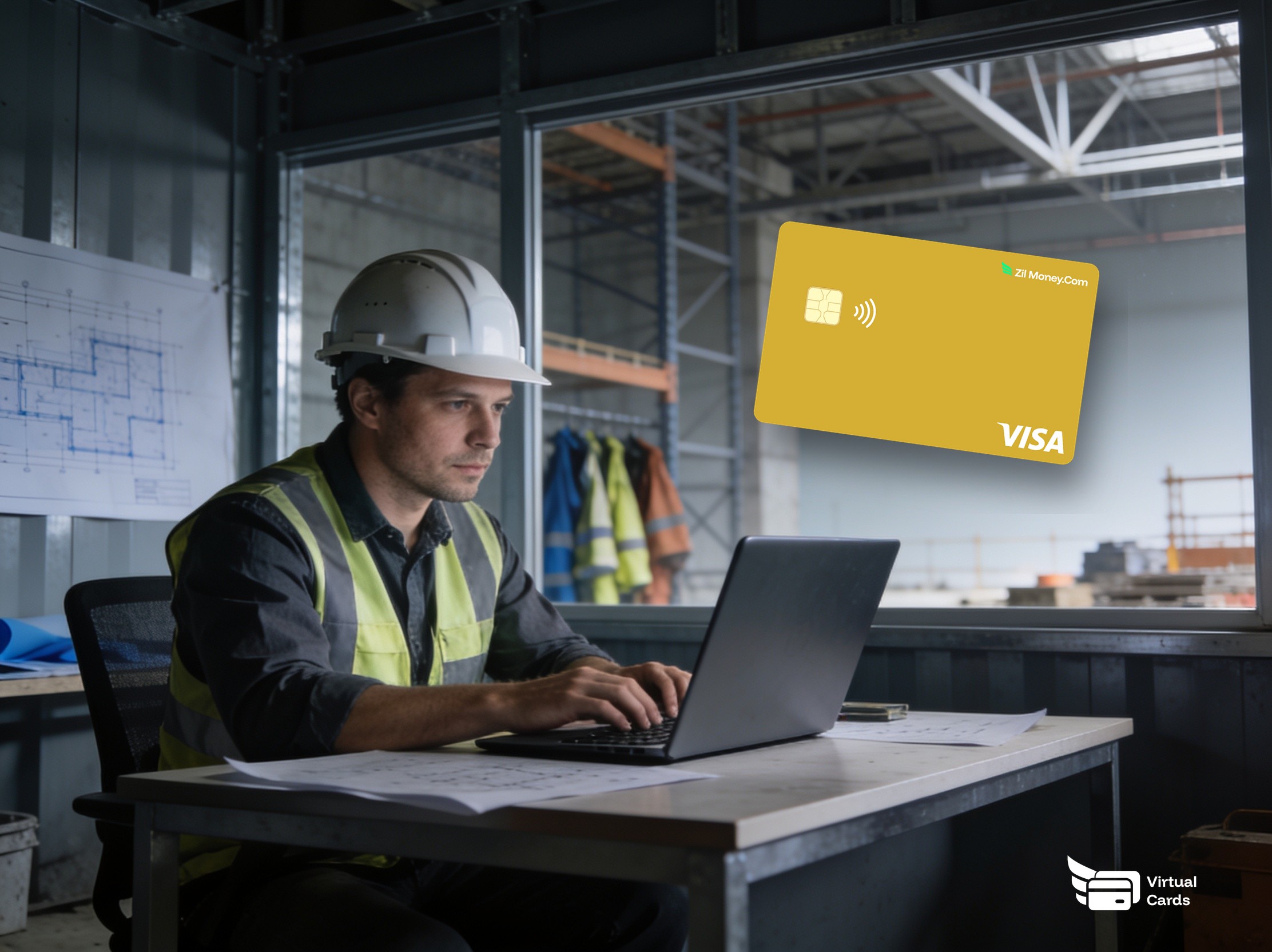 A construction site manager working on a laptop with a gold Zil Money virtual Visa card, representing per-job spend control with virtual cards.