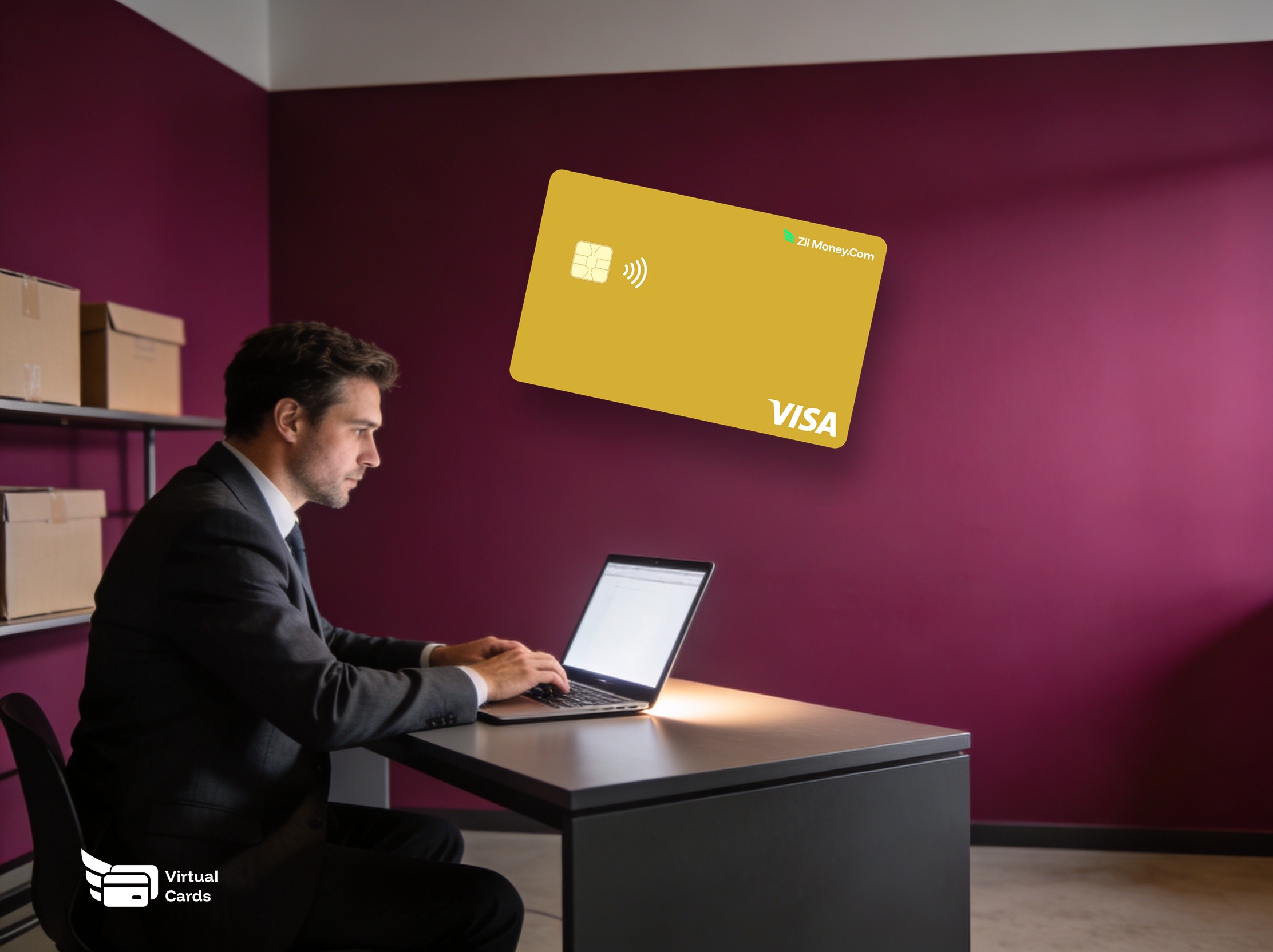 An e-commerce seller at a laptop with a gold Zil Money virtual Visa card, representing virtual cards for e-commerce.