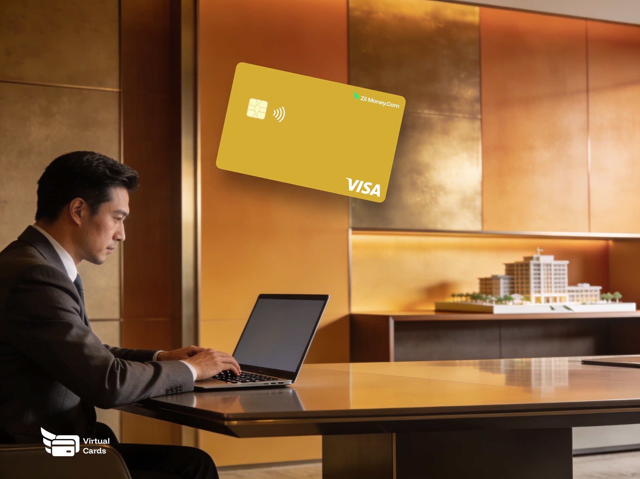 A property manager at a laptop with a gold Zil Money virtual Visa card, representing virtual cards for property management.