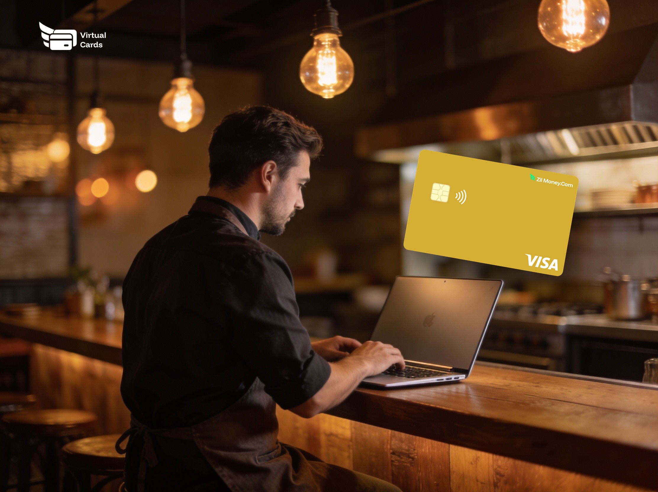 A restaurant owner working on a laptop with a gold Zil Money virtual Visa card, representing controlling restaurant spending with virtual cards.
