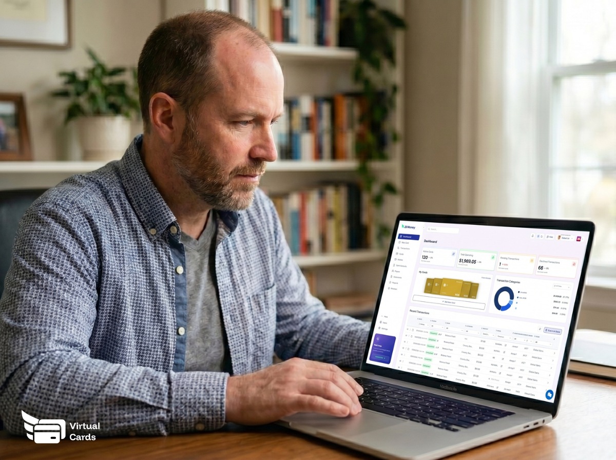 Healthcare administrator reviewing virtual card spend dashboard on a laptop