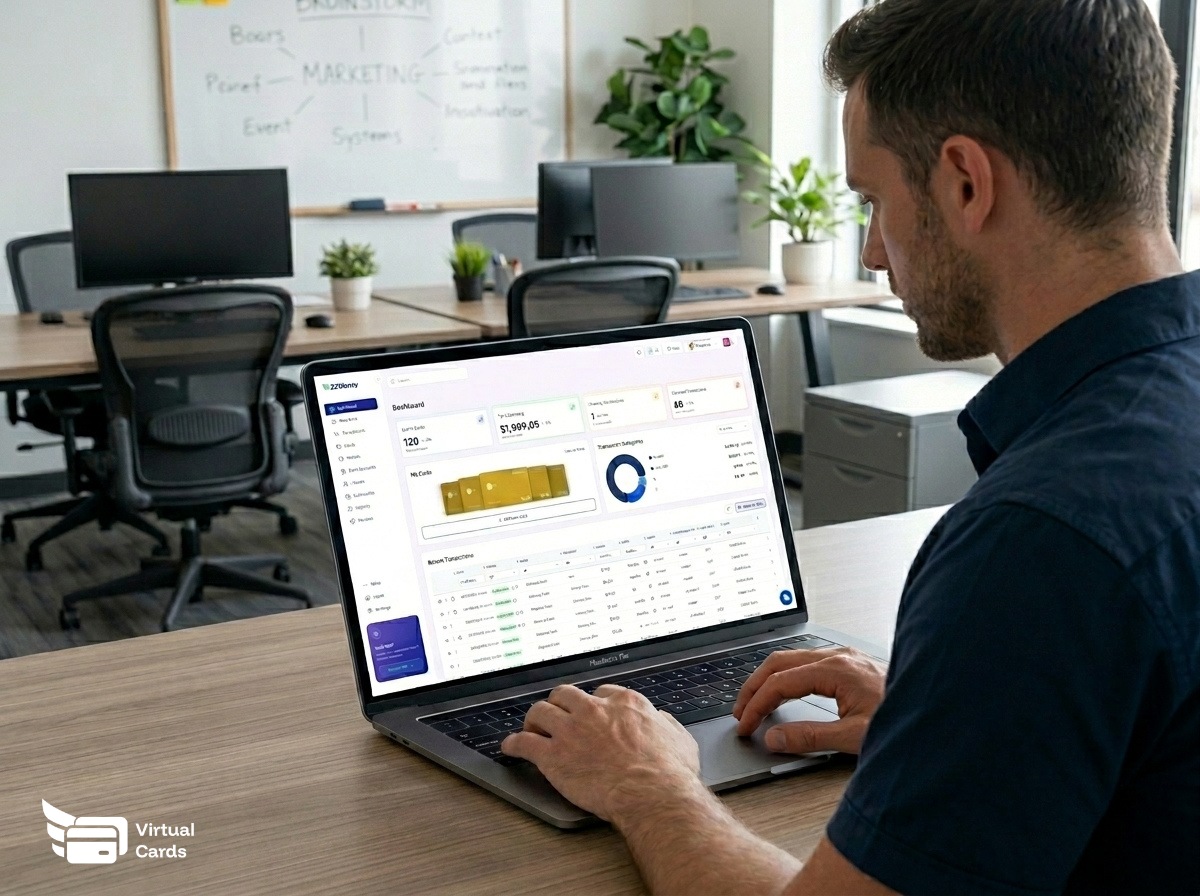 Marketing team member reviewing per-campaign virtual card spend on a laptop
